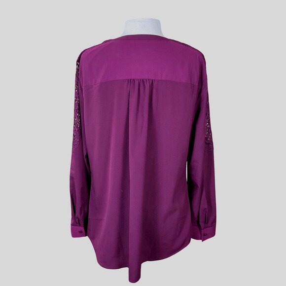 Talbots Lace Inset Long Sleeve Hidden Button Front Deep Wine Colored Blouse 1X - Picture 4 of 7